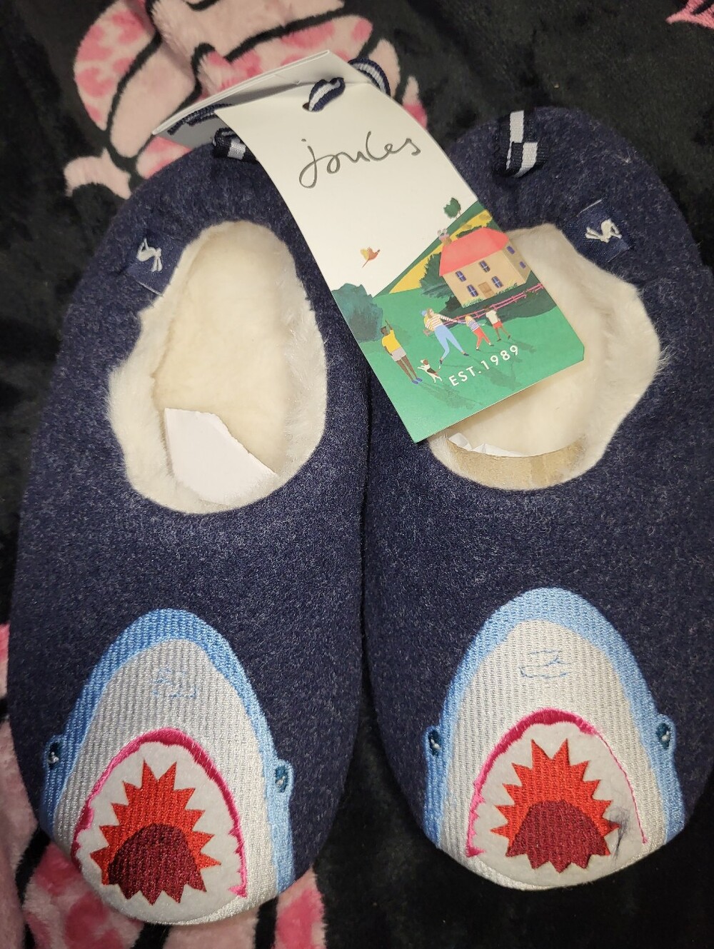 Joules Navy Shark Slipper Socks with Cream Lining